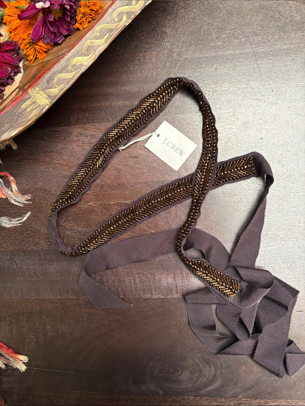 J. Crew Beaded Brown Ribbon Belt